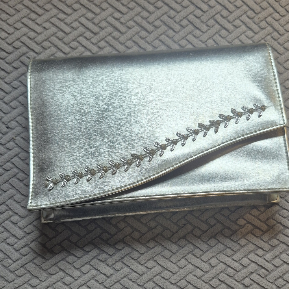 Silver Clutch with Leaf Embroidery